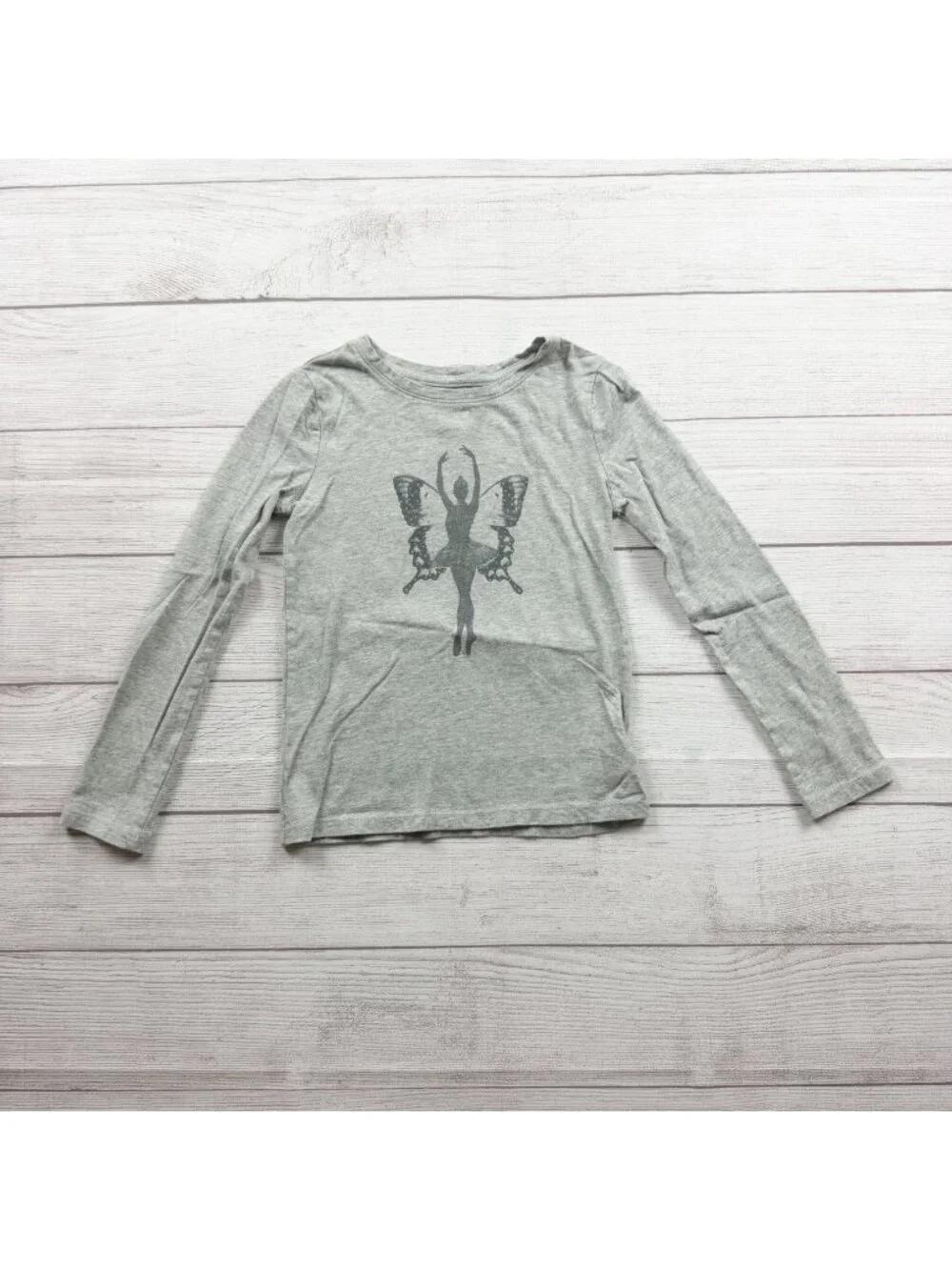 Gap Kids Girls Long Sleeve Gray Tee Ballerina Butterfly Graphic S 6-7